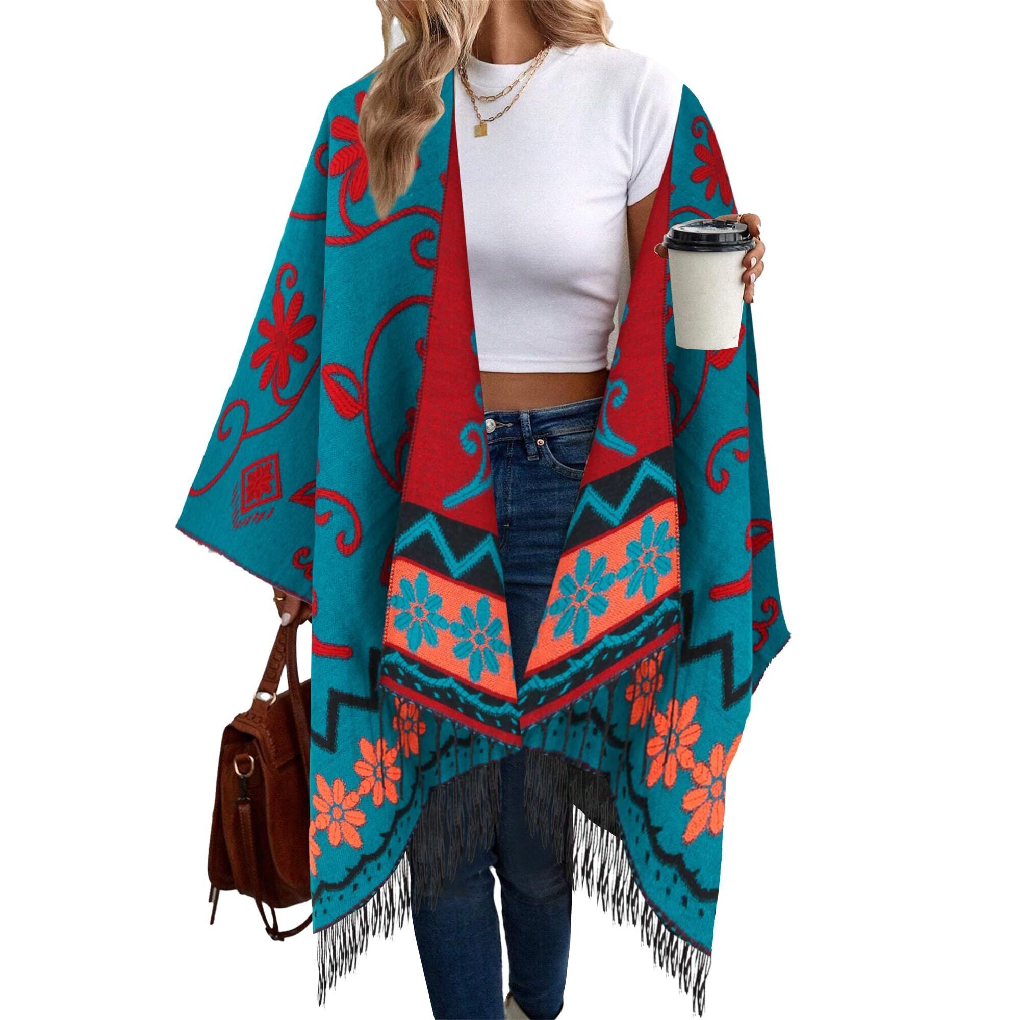 8556 Women's Retro Style Poncho Cape Boho Shawl Wraps Ruana Printed Tassel